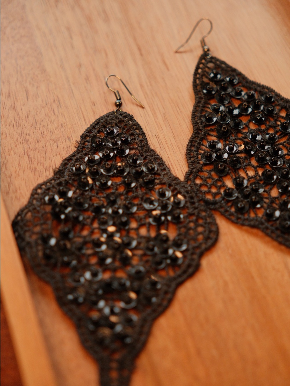 Extra Large Black Lace Sequin Statement Earrings Boho Gothic Lightweight Drops